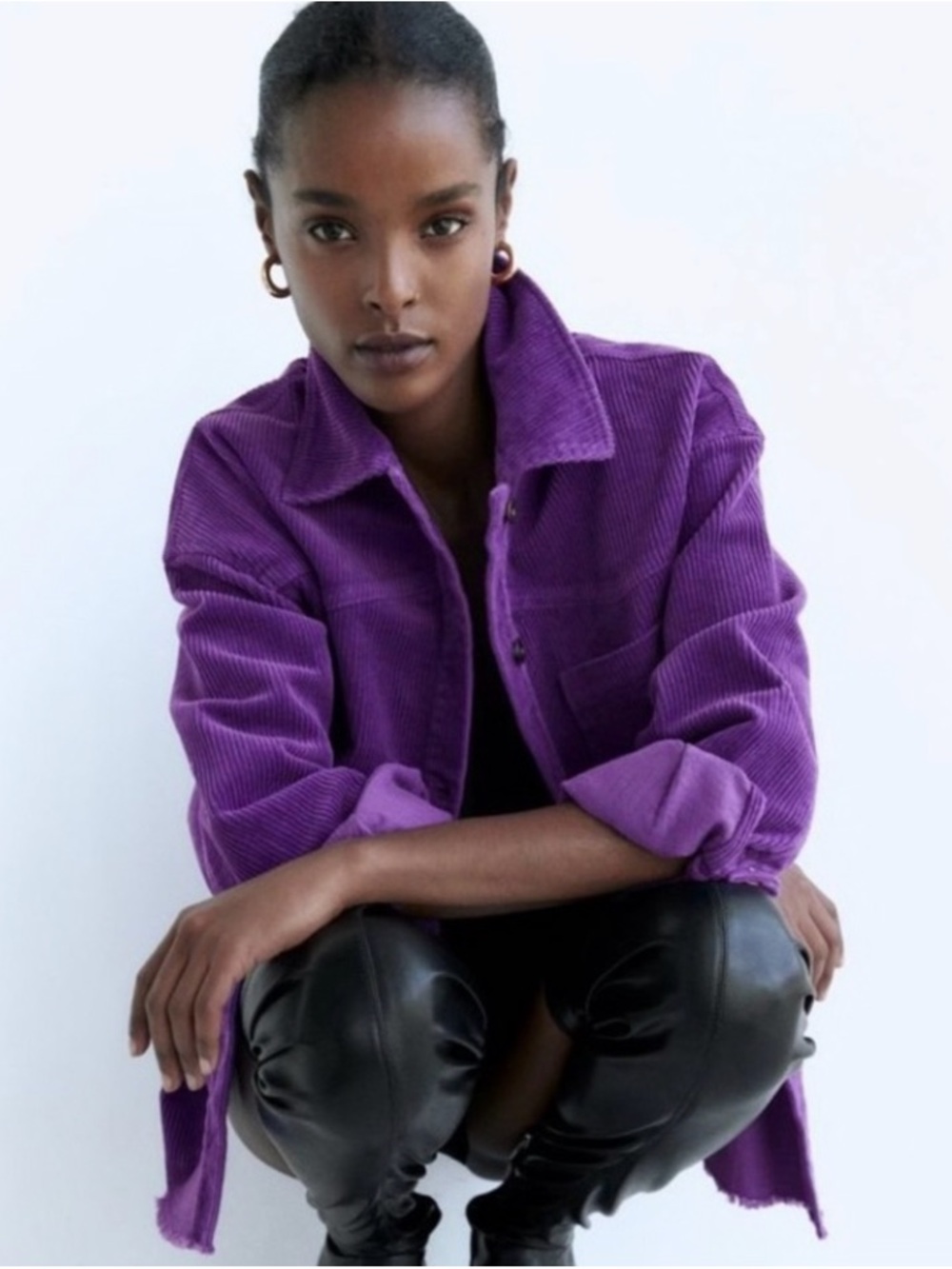 Zara Purple Wide Wale Corduroy Oversized Shacket Button Down Jacket, Pockets, XS